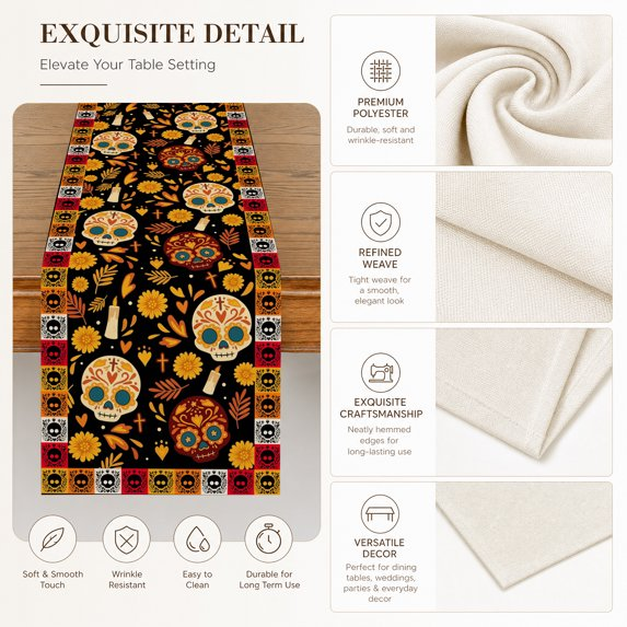 Halloween Table Runner， Watercolor Marigolds Skull Day of The Dead Table Runner for kitchen Dining Fiesta Party Home Decor