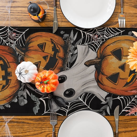 Halloween Table Runner, Ghosts Pumpkins Cobwebs Tableware Home Indoor Decor