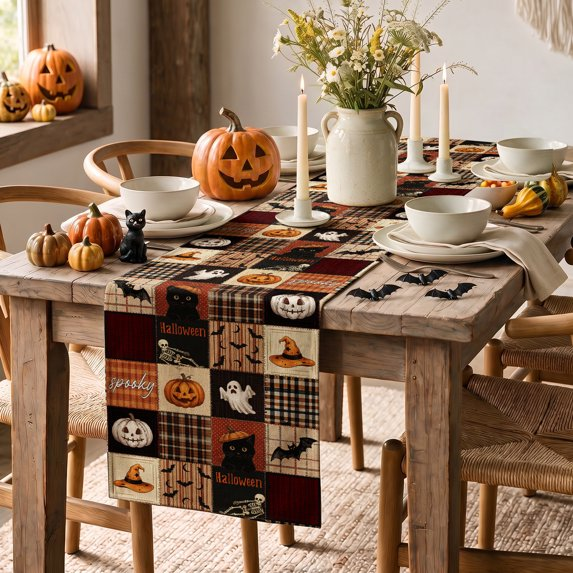 Patchwork Ghost Pumpkin Black Cat Bat Skeleton Witch Hat Halloween Table Runner, Seasonal Ghost Kitchen Dining Table Decoration for Home Party Decor
