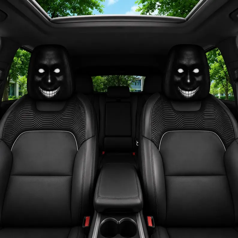 Creepy Halloween Car Headrest Cover (1pc), Scary Smiling Face Seat Protector, Horror Auto Interior Decor, Creepy Halloween Gift