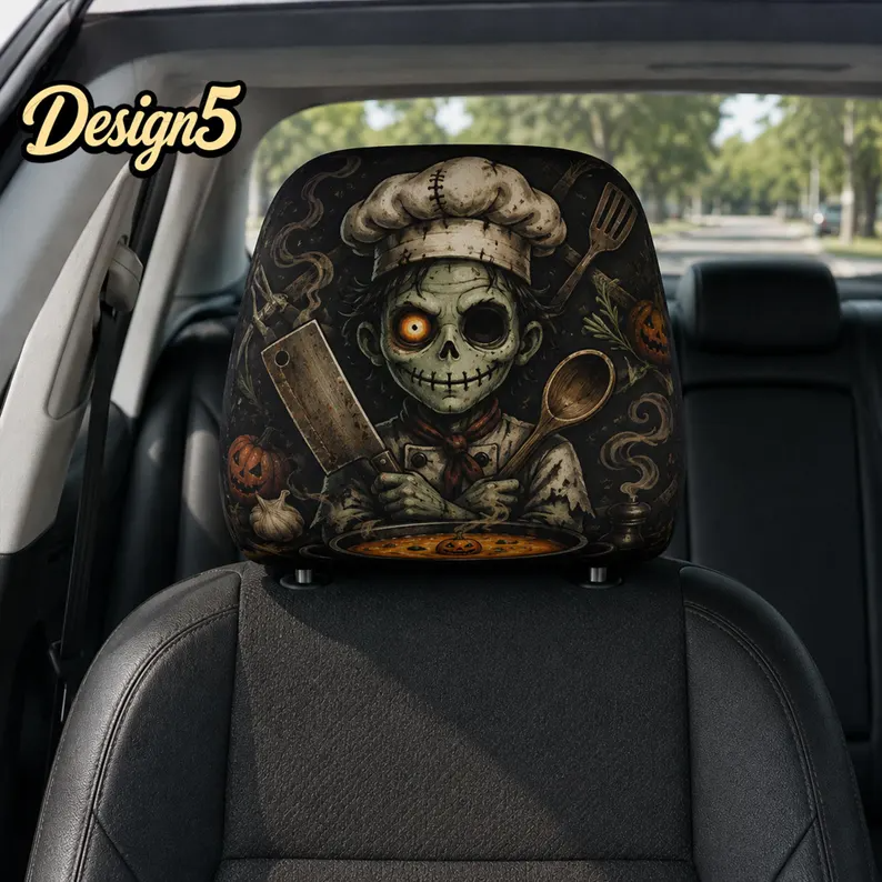 Dark Harvest Car Headrest Cover (1pc), Pumpkin Reaper Scarecrow, Skeleton Chef, Gothic Halloween Car Decor