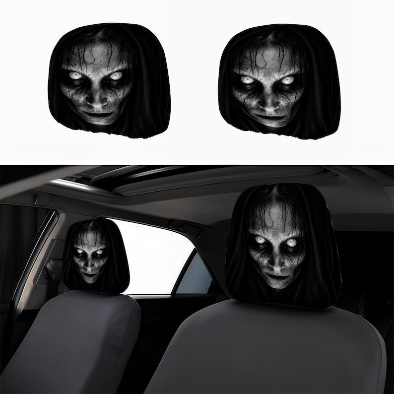 Creepy Possessed Girl Car Headrest Cover (1pc), Scary Horror Auto Seat Cover, Halloween Car Interior Decor, Gothic Car Accessory