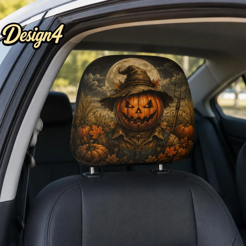 Dark Harvest Car Headrest Cover (1pc), Pumpkin Reaper Scarecrow, Skeleton Chef, Gothic Halloween Car Decor
