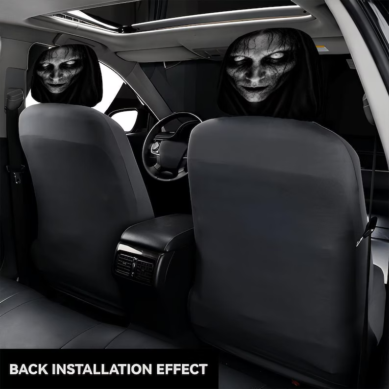 Creepy Possessed Girl Car Headrest Cover (1pc), Scary Horror Auto Seat Cover, Halloween Car Interior Decor, Gothic Car Accessory
