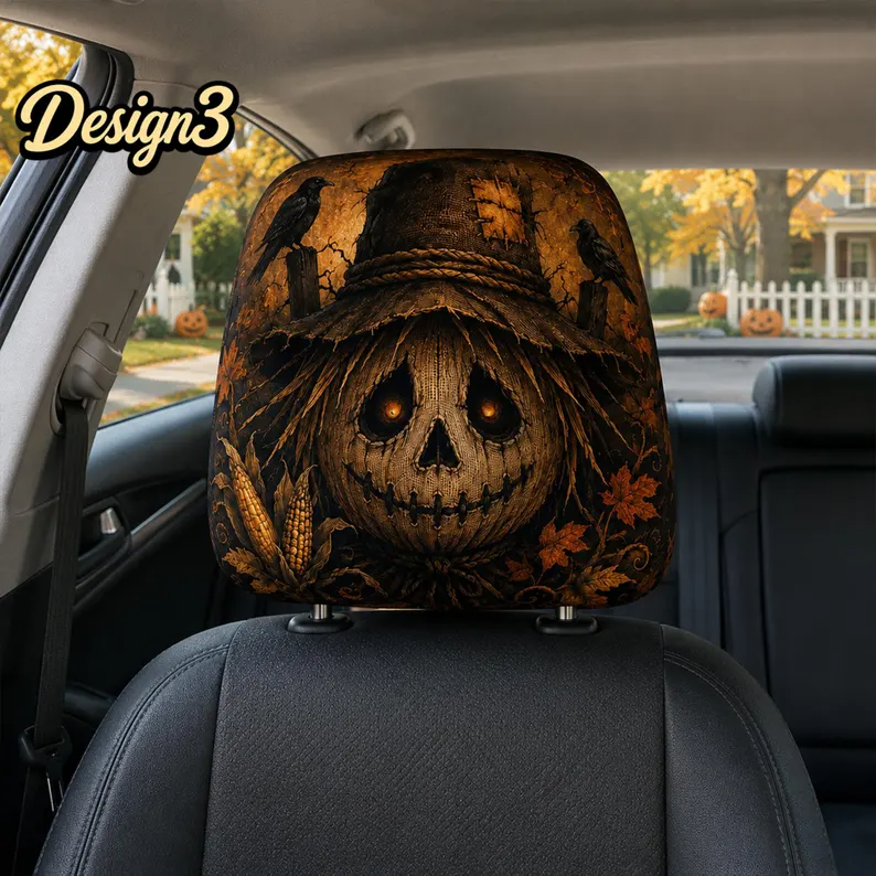 Dark Harvest Car Headrest Cover (1pc), Pumpkin Reaper Scarecrow, Skeleton Chef, Gothic Halloween Car Decor