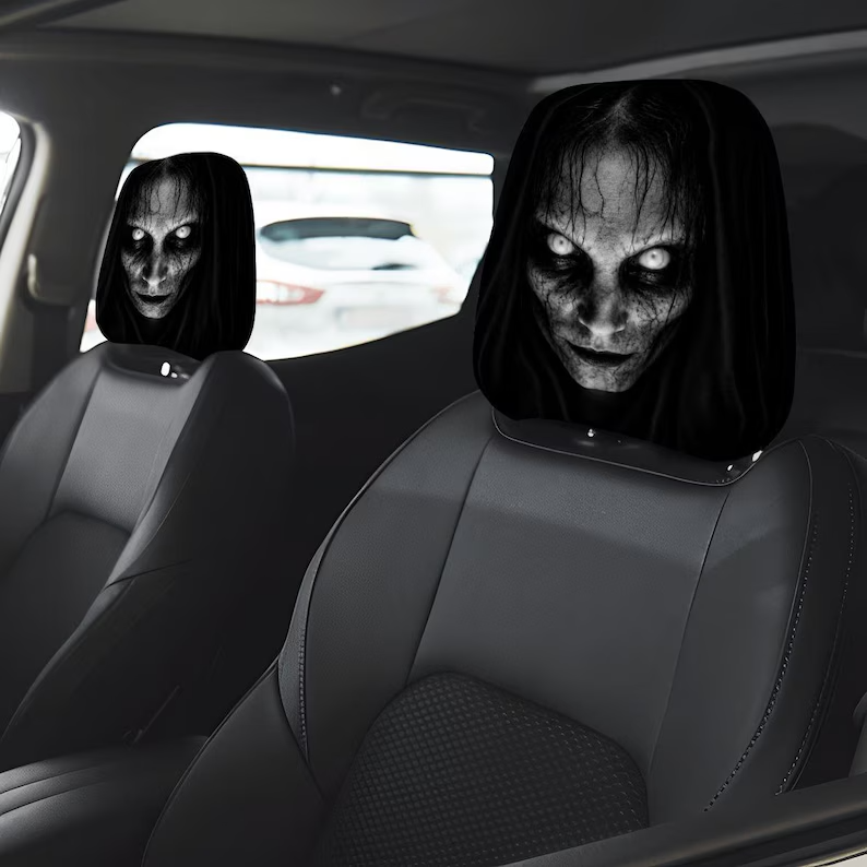 Creepy Possessed Girl Car Headrest Cover (1pc), Scary Horror Auto Seat Cover, Halloween Car Interior Decor, Gothic Car Accessory