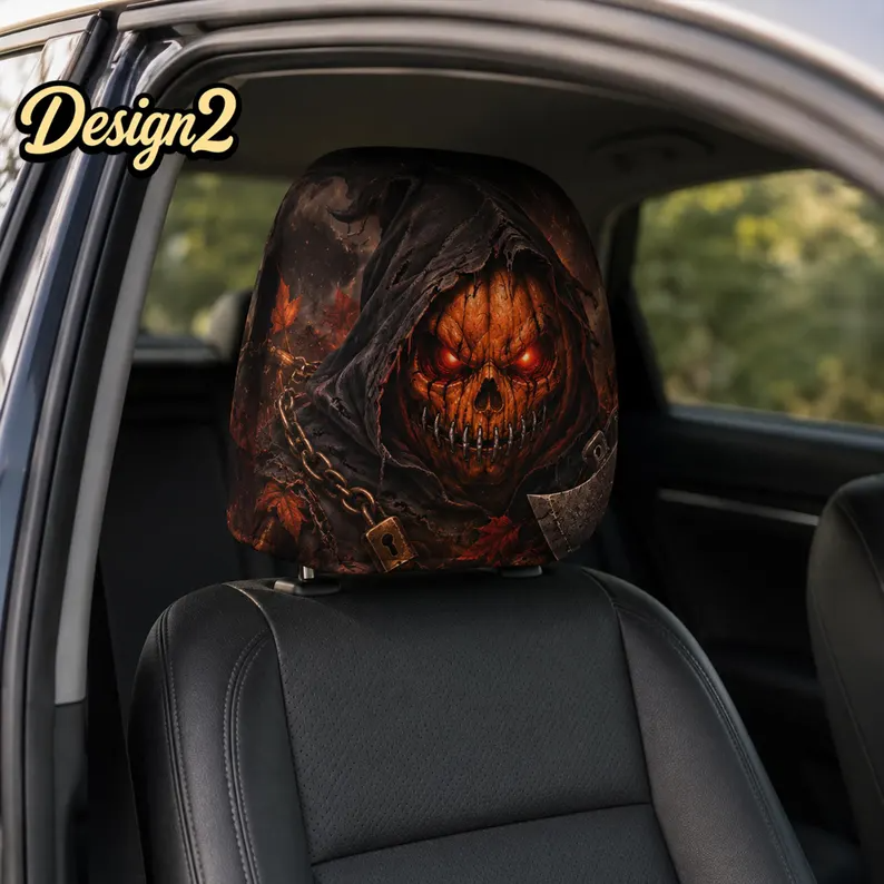 Dark Harvest Car Headrest Cover (1pc), Pumpkin Reaper Scarecrow, Skeleton Chef, Gothic Halloween Car Decor