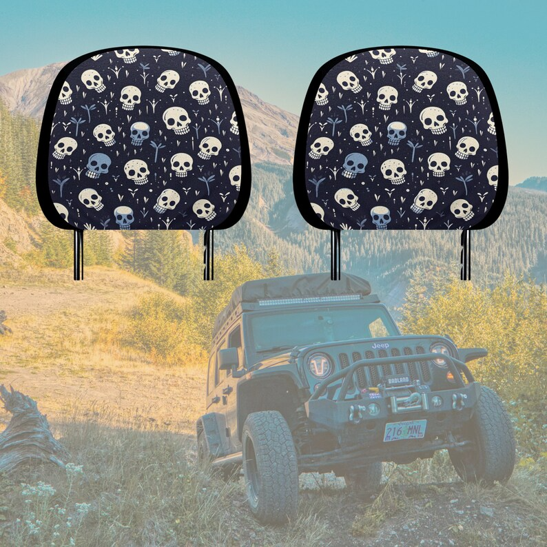 Car Headrest Cover (1pc), Funny Skull Car Accessories For Halloween Car Decor, Spooky Season