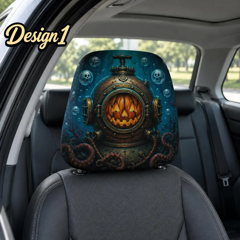 Dark Harvest Car Headrest Cover (1pc), Pumpkin Reaper Scarecrow, Skeleton Chef, Gothic Halloween Car Decor
