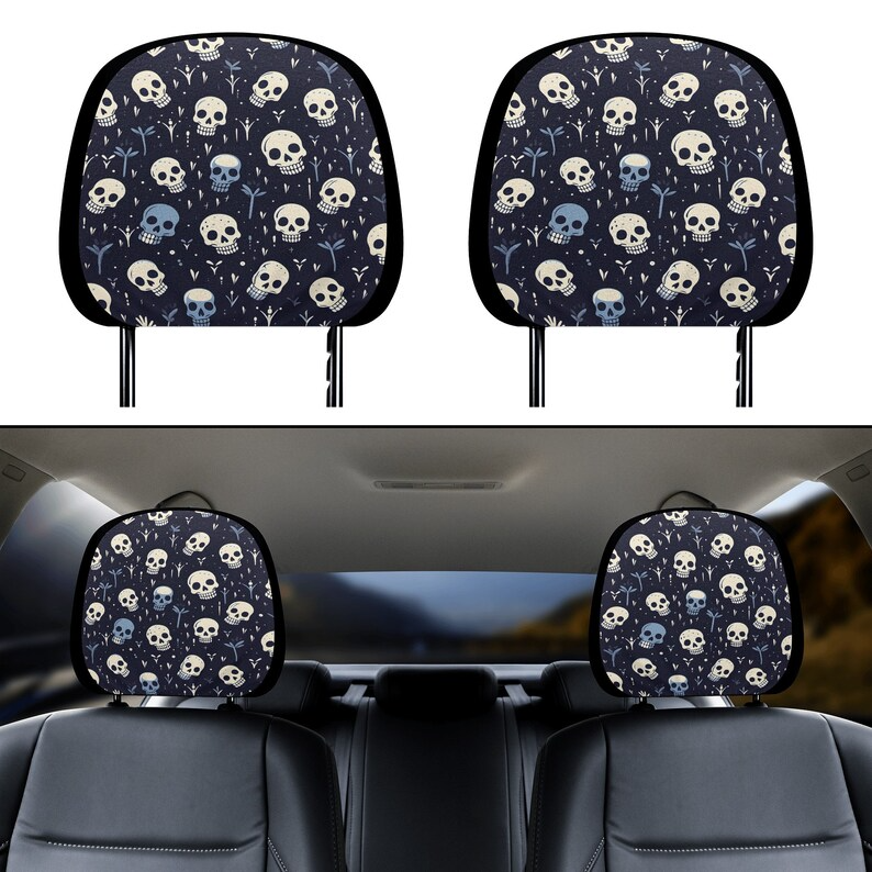 Car Headrest Cover (1pc), Funny Skull Car Accessories For Halloween Car Decor, Spooky Season