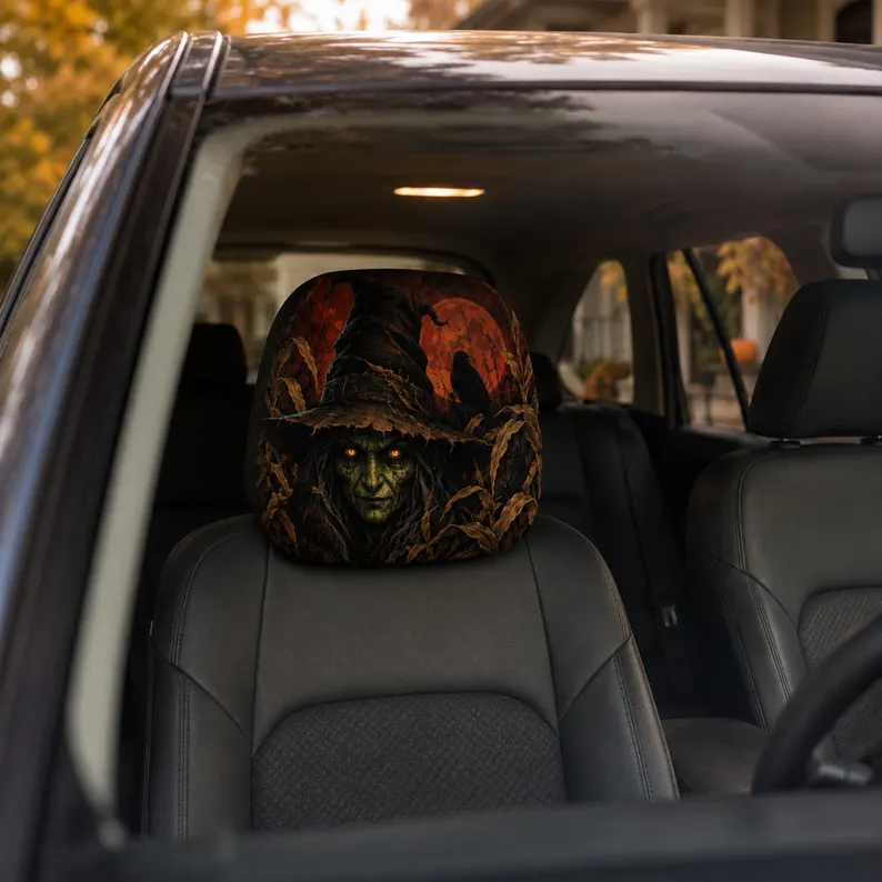 Witchcore halloween Headrest Cover (1pc), Forest Skull Death Moth, Dark Botanical Halloween Car Decor