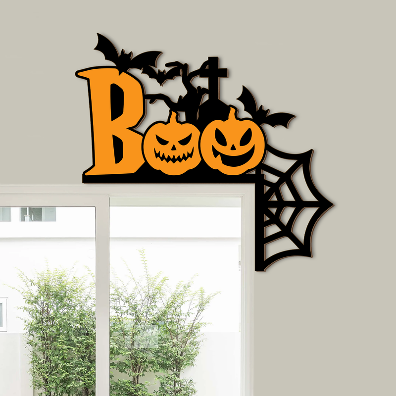 Halloween BOO Door Corner Decor, Pumpkin Bat Spider Web Hanging Sign, Spooky Home Mantel Shelf Decoration