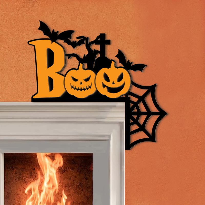 Halloween BOO Door Corner Decor, Pumpkin Bat Spider Web Hanging Sign, Spooky Home Mantel Shelf Decoration