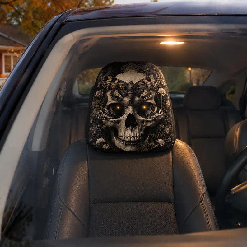 Witchcore halloween Headrest Cover (1pc), Forest Skull Death Moth, Dark Botanical Halloween Car Decor