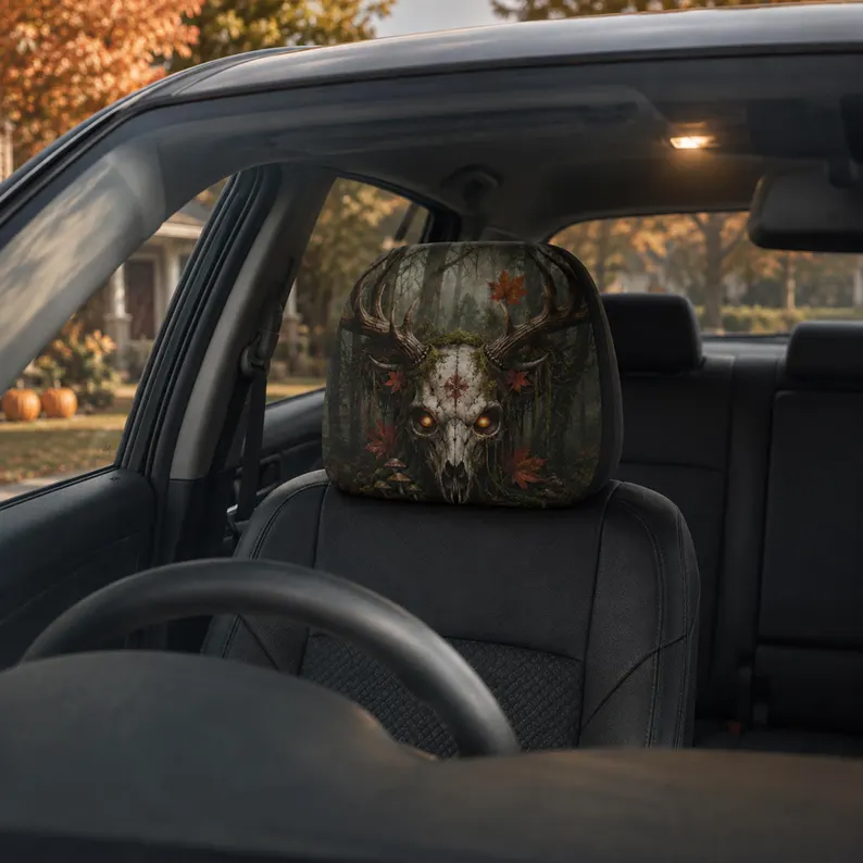 Witchcore halloween Headrest Cover (1pc), Forest Skull Death Moth, Dark Botanical Halloween Car Decor