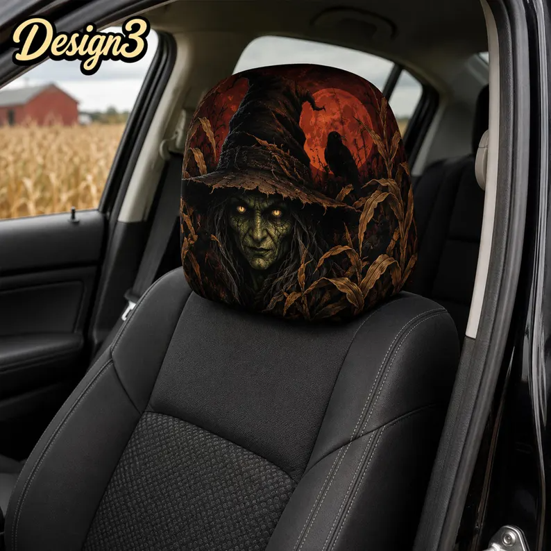 Witchcore halloween Headrest Cover (1pc), Forest Skull Death Moth, Dark Botanical Halloween Car Decor