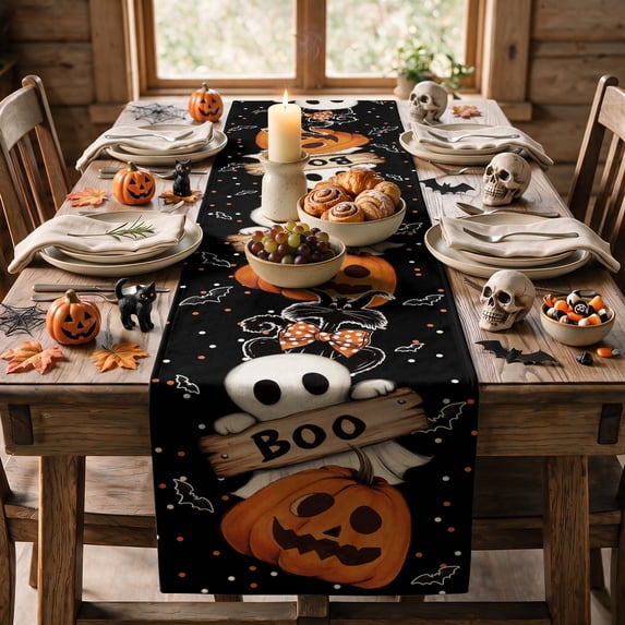Smile Jack O Lantern Black Cat Boo Ghost Halloween Table Runner