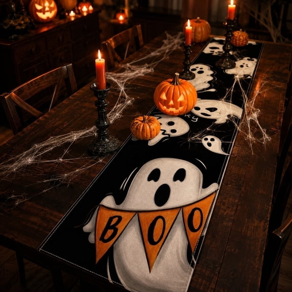 Halloween Table Runner, Spooky Pumpkin Ghost Print Linen Dining Table Decor for Kitchen Party & Fall Holiday Home Decoration