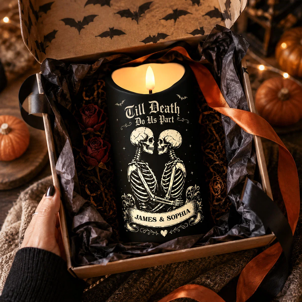 💀 Till Death Do Us Part Personalized LED Candle – Skeleton Couple Halloween Decor, Gothic Couple Gift 🖤🎃