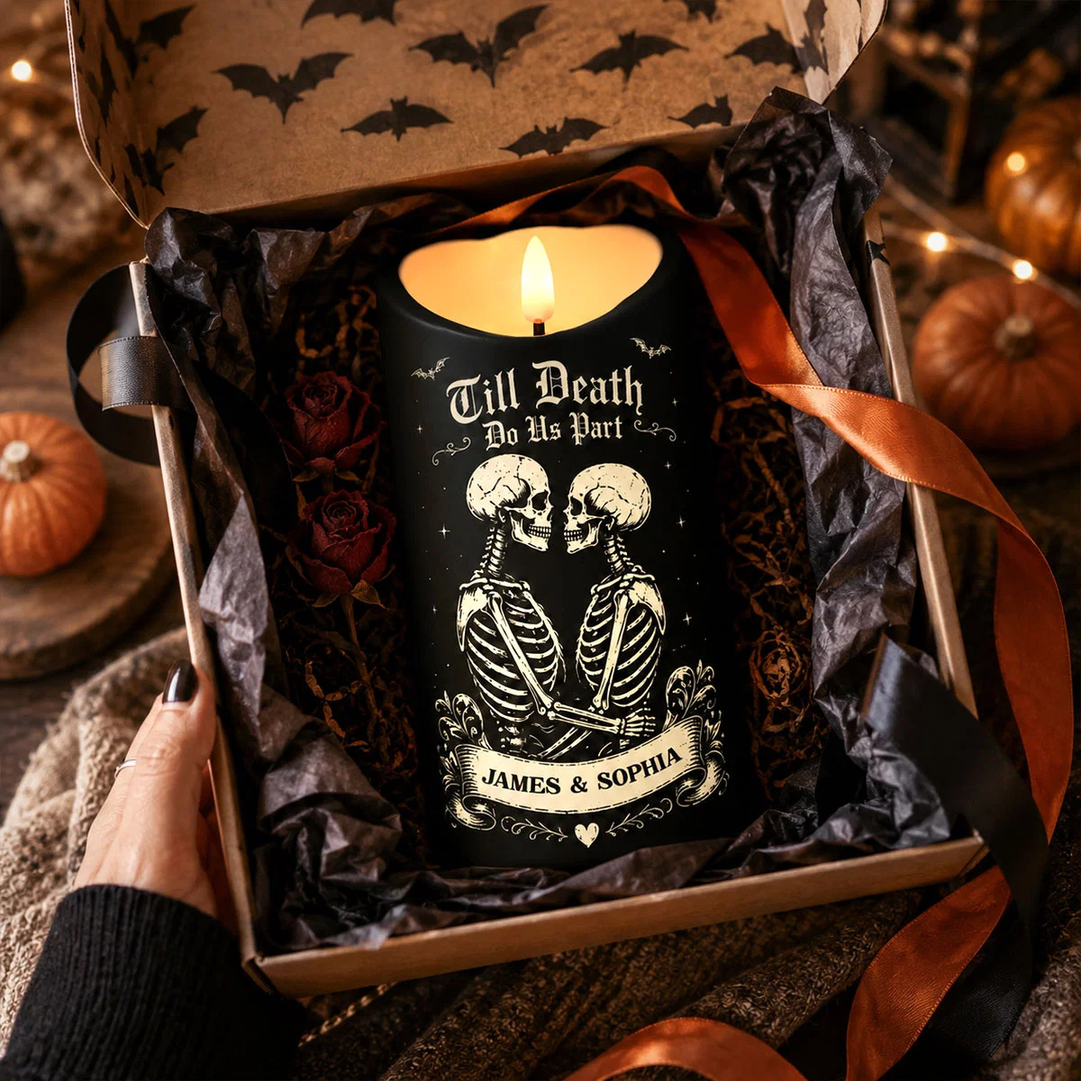 💀 Till Death Do Us Part Personalized LED Candle – Skeleton Couple Halloween Decor, Gothic Couple Gift 🖤🎃