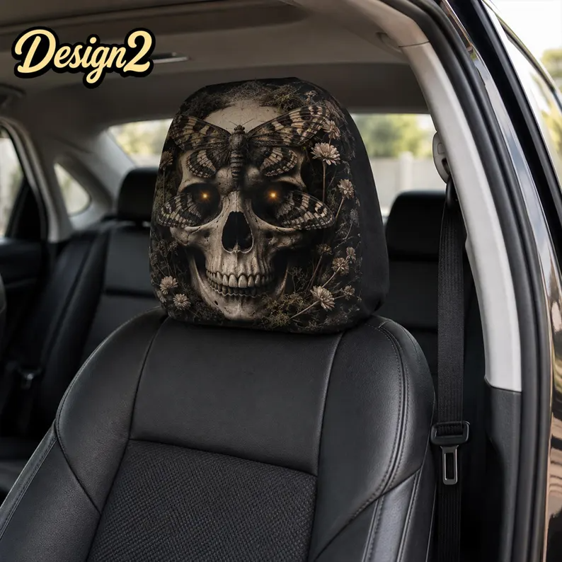 Witchcore halloween Headrest Cover (1pc), Forest Skull Death Moth, Dark Botanical Halloween Car Decor