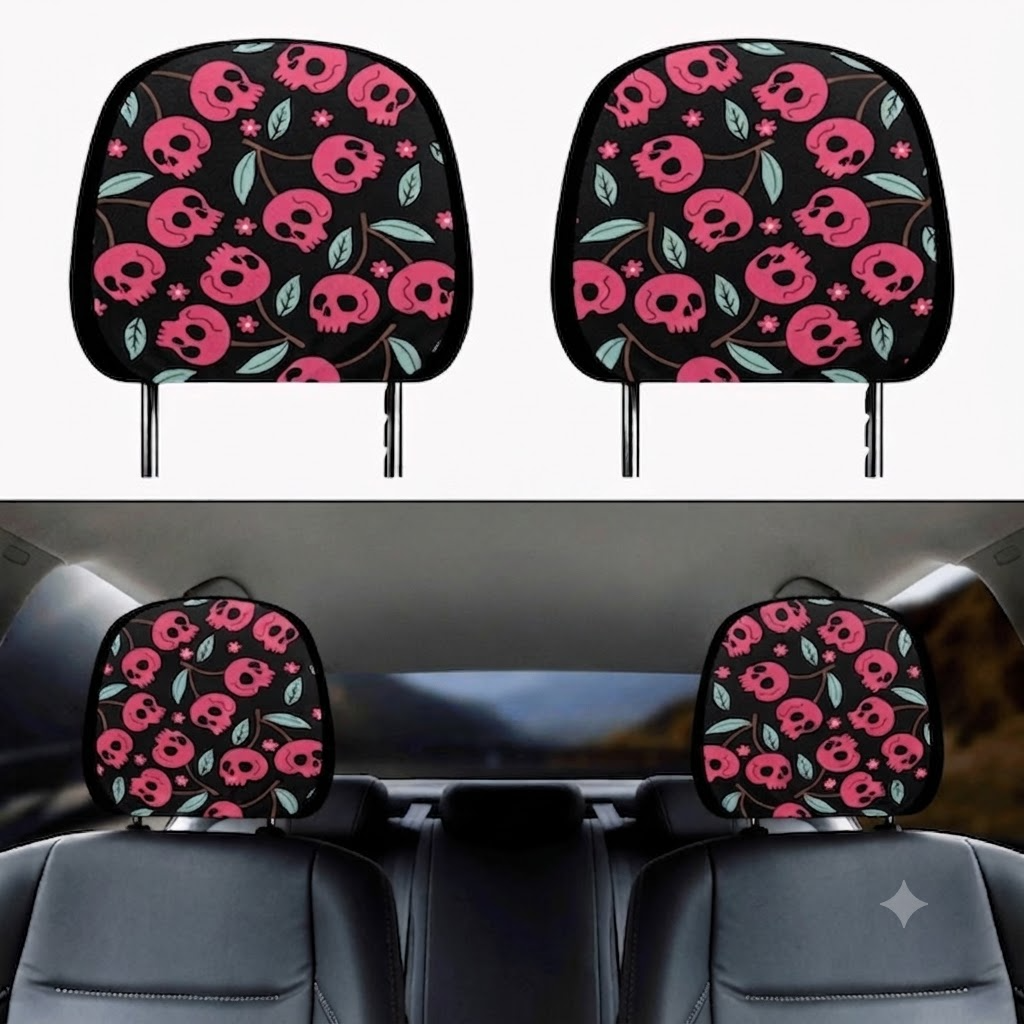 Pink Cherry Skull Car Headrest (1pc), Dark Coquette Car Head Rest Cover, Car Interior Accessories Pink And Black Car Decor, Pink Goth Zombie Car