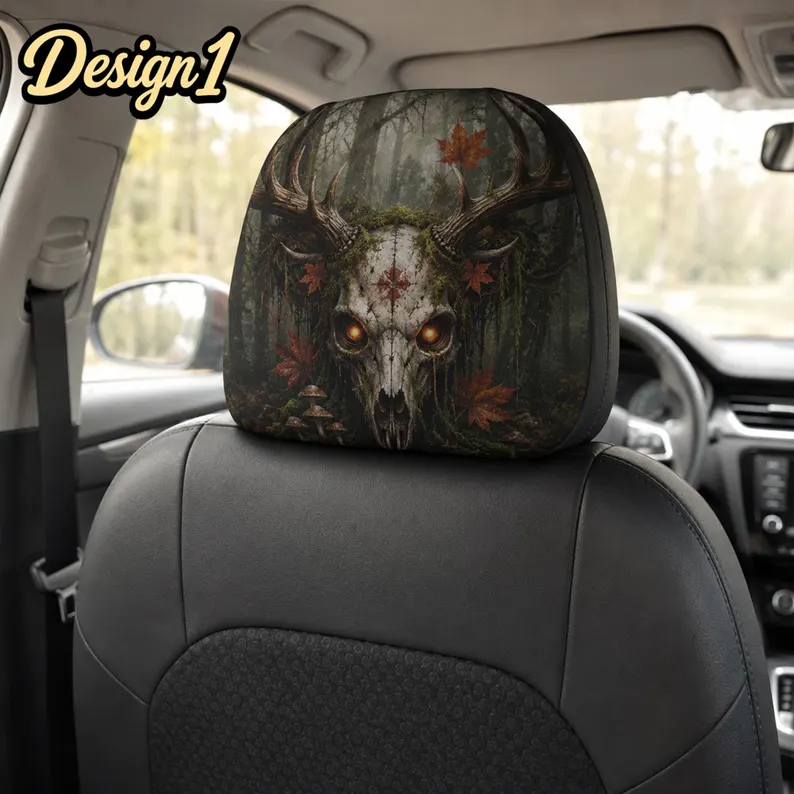 Witchcore halloween Headrest Cover (1pc), Forest Skull Death Moth, Dark Botanical Halloween Car Decor