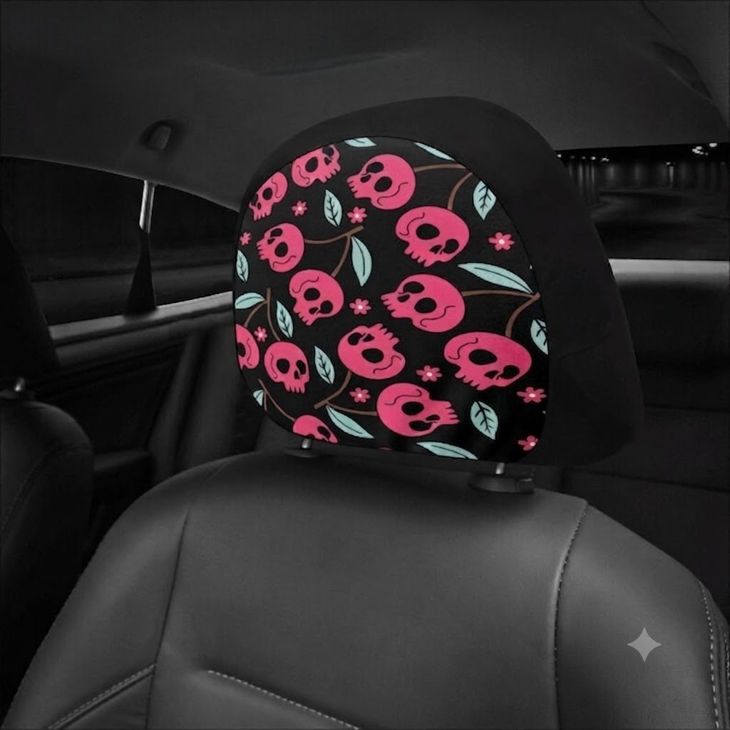 Pink Cherry Skull Car Headrest (1pc), Dark Coquette Car Head Rest Cover, Car Interior Accessories Pink And Black Car Decor, Pink Goth Zombie Car