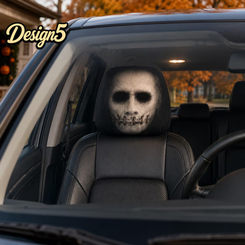 Nightmare Car Headrest Cover (1pc), Cosmic Reaper, Glitch Skull, Long Hair Ghost, Dark Paranormal Halloween Auto Decor