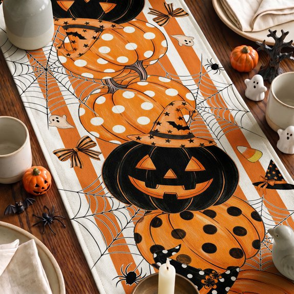 Polka Dot Orange Pumpkin Witch Hat Spider Web Ghost Bat Halloween Table Runner
