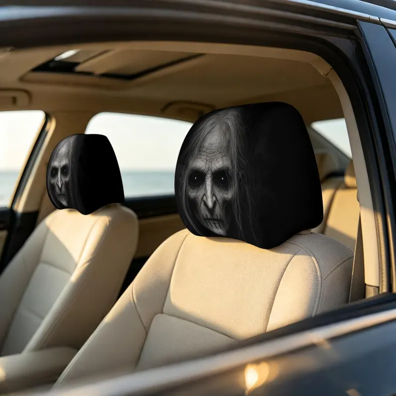 Creepy Horror Car Headrest Cover (1pc), Scary Ghost Face Auto Decor, Gothic Halloween Car Accessories
