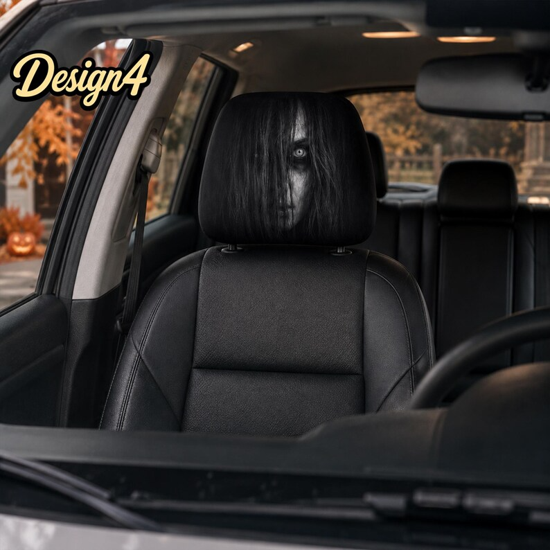 Nightmare Car Headrest Cover (1pc), Cosmic Reaper, Glitch Skull, Long Hair Ghost, Dark Paranormal Halloween Auto Decor