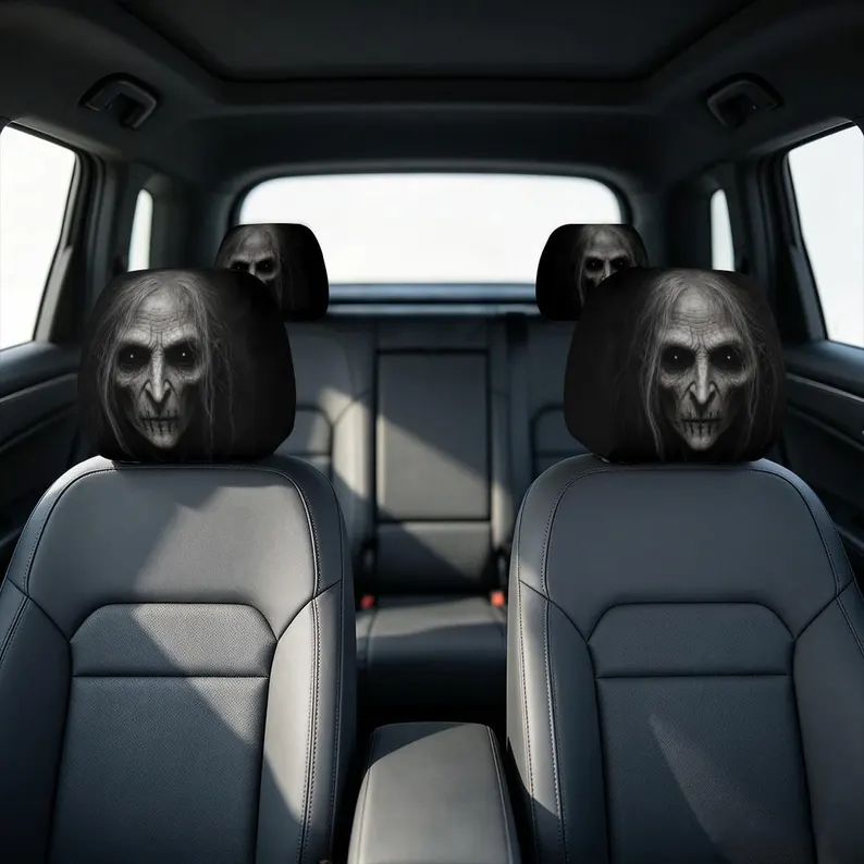 Creepy Horror Car Headrest Cover (1pc), Scary Ghost Face Auto Decor, Gothic Halloween Car Accessories