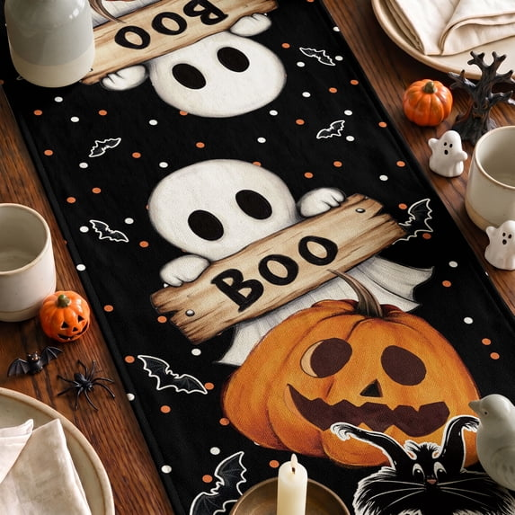 Jack O Lantern Black Cat Boo Ghost Halloween Table Runner