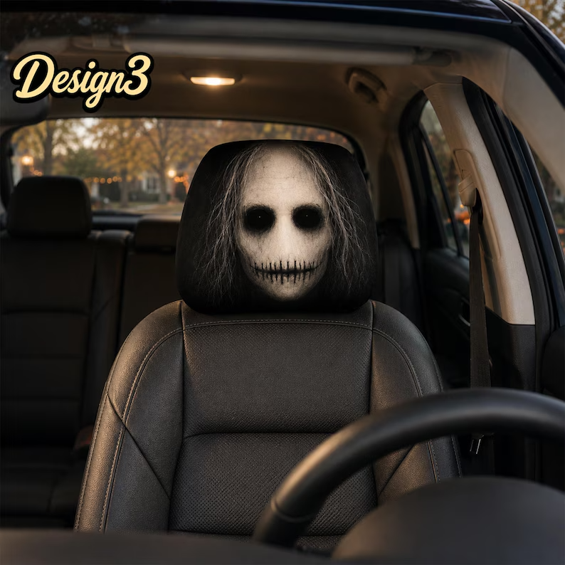 Nightmare Car Headrest Cover (1pc), Cosmic Reaper, Glitch Skull, Long Hair Ghost, Dark Paranormal Halloween Auto Decor