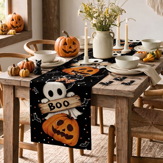 Jack O Lantern Black Cat Boo Ghost Halloween Table Runner