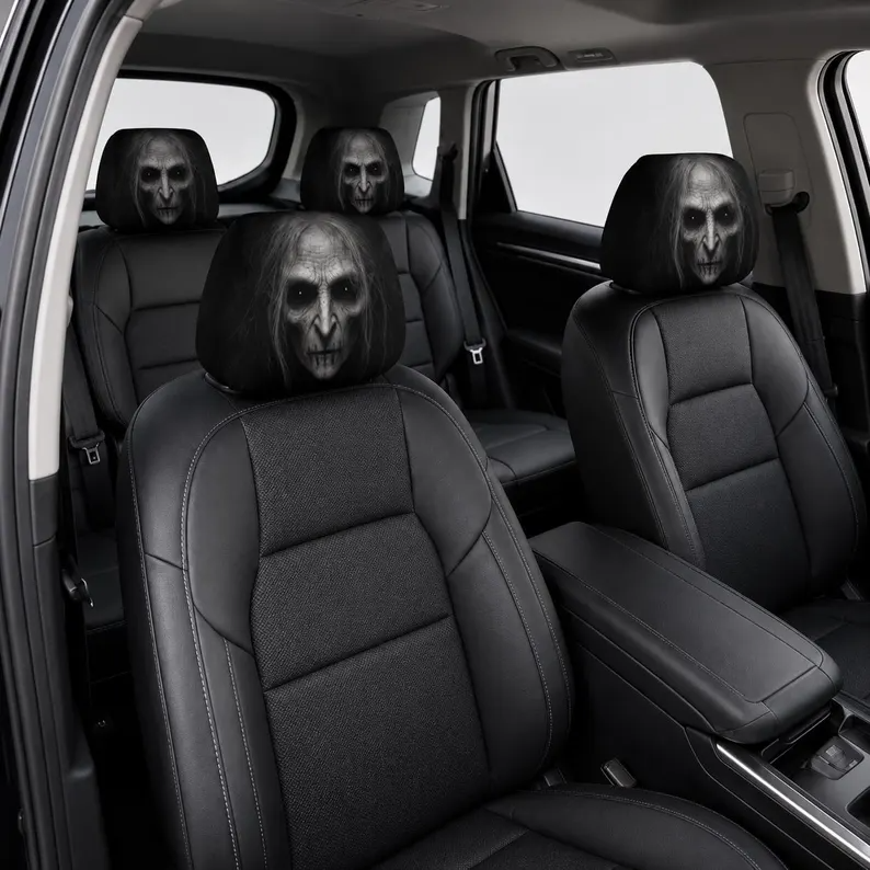 Creepy Horror Car Headrest Cover (1pc), Scary Ghost Face Auto Decor, Gothic Halloween Car Accessories