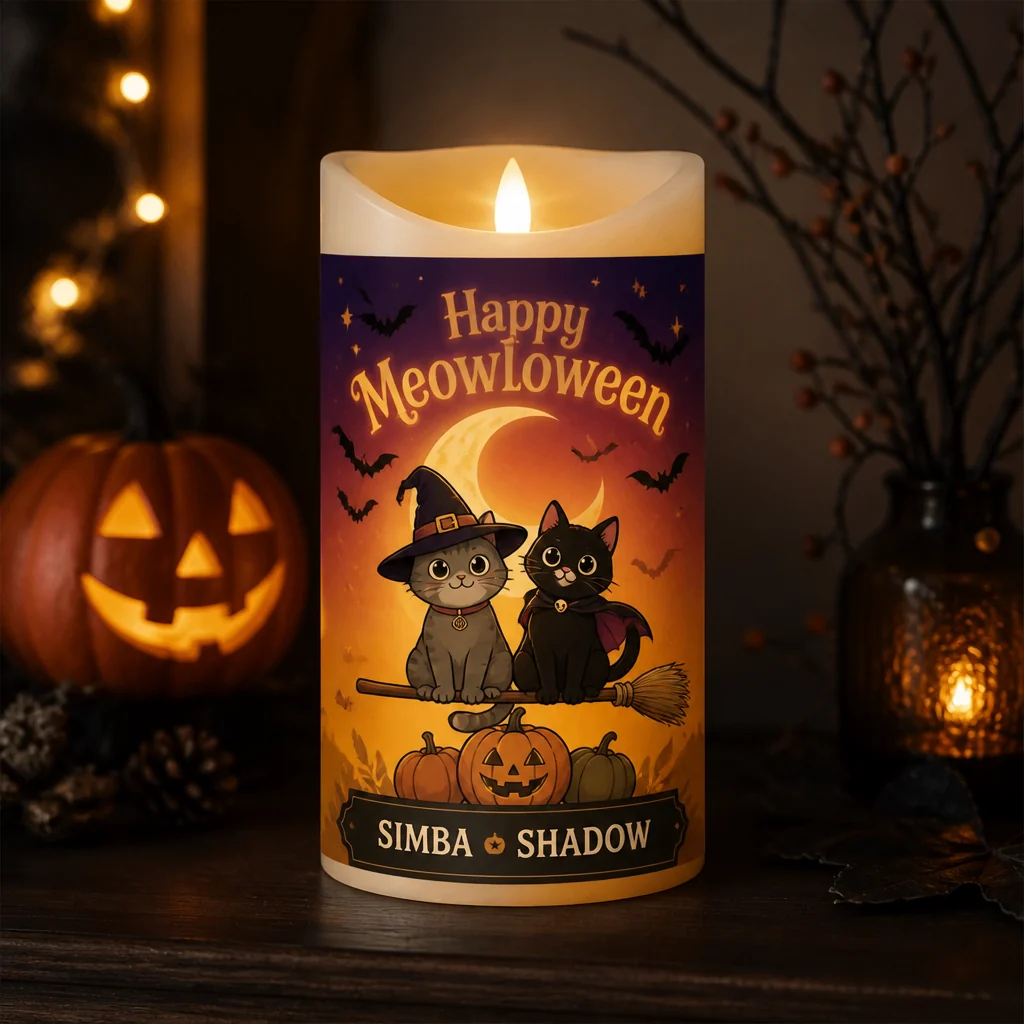 🎃 Happy Meowloween Personalized Cat LED Candle - Personalized Custom Led Flameless Candle