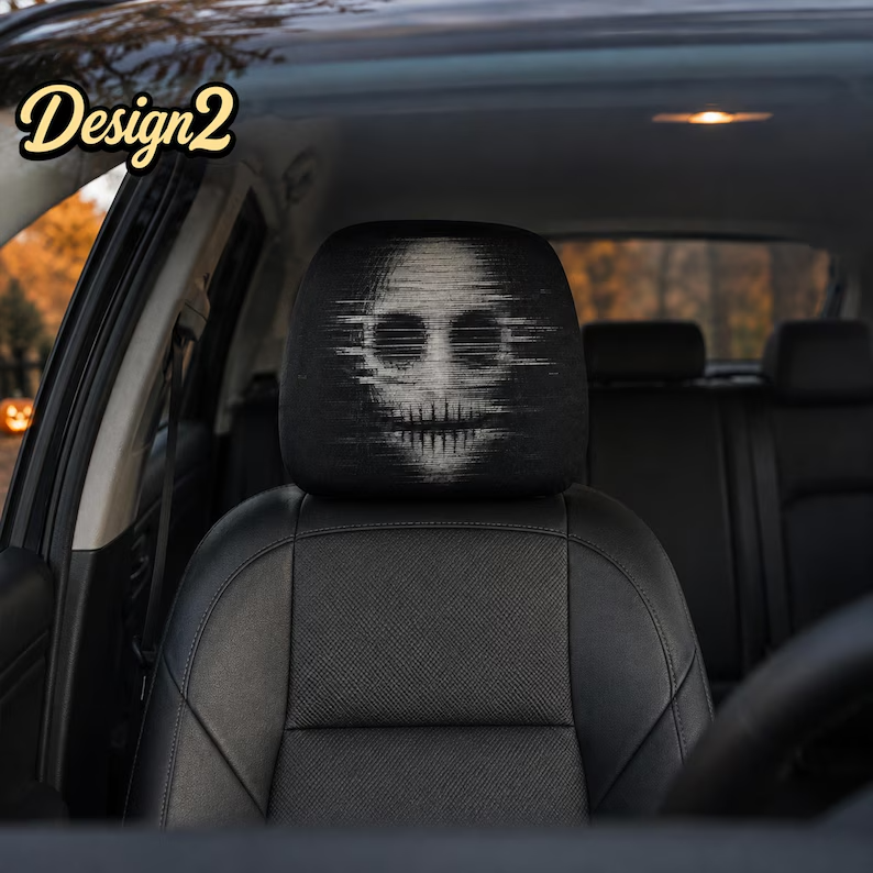 Nightmare Car Headrest Cover (1pc), Cosmic Reaper, Glitch Skull, Long Hair Ghost, Dark Paranormal Halloween Auto Decor