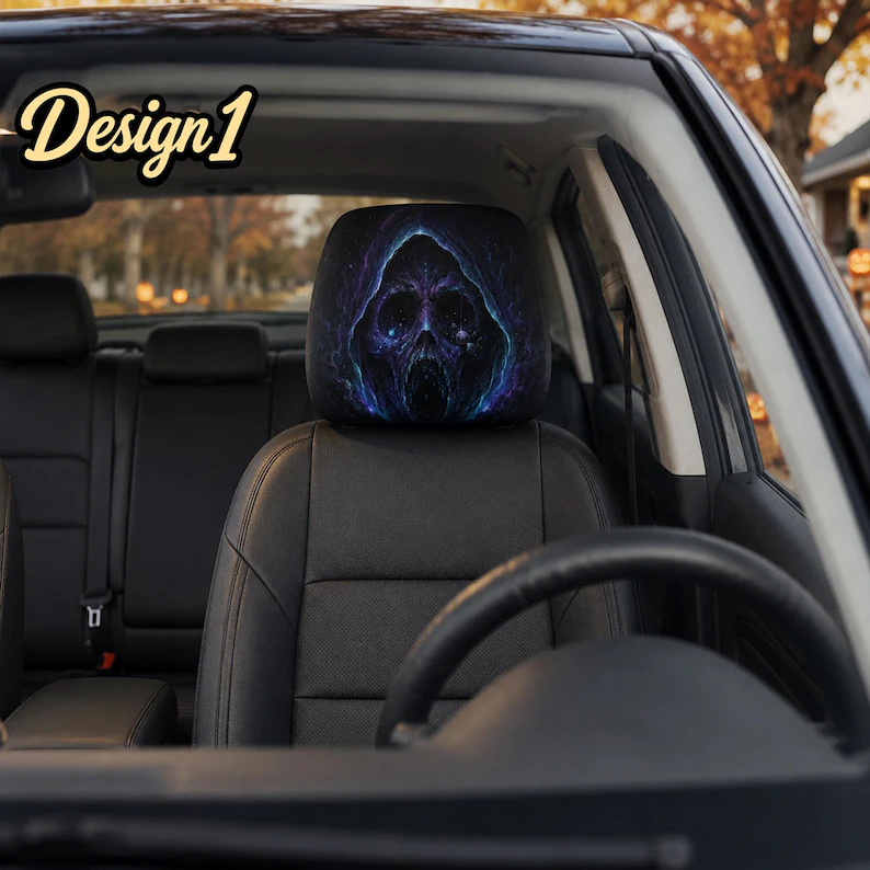 Nightmare Car Headrest Cover (1pc), Cosmic Reaper, Glitch Skull, Long Hair Ghost, Dark Paranormal Halloween Auto Decor