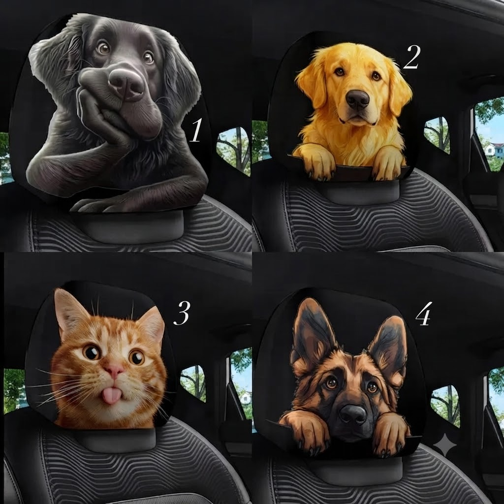 Funny Animal Car Headrest Cover (1pc) – Dog Cat Smiley Face Seat Protectors