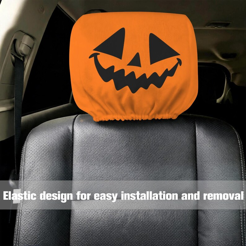 Spooky Halloween Jack-O-Lantern Face Car Headrest Cover (1pc), Gothic Pumpkin Auto Interior Decor, Pumpkin Vehicle Accessories