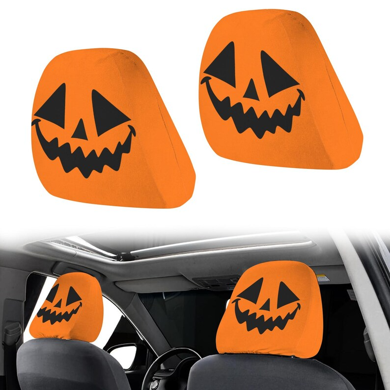 Spooky Halloween Jack-O-Lantern Face Car Headrest Cover (1pc), Gothic Pumpkin Auto Interior Decor, Pumpkin Vehicle Accessories