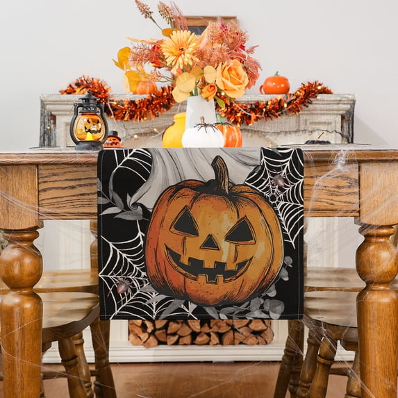 Halloween Table Runner, Ghosts Pumpkins Cobwebs Tableware Home Indoor Decor