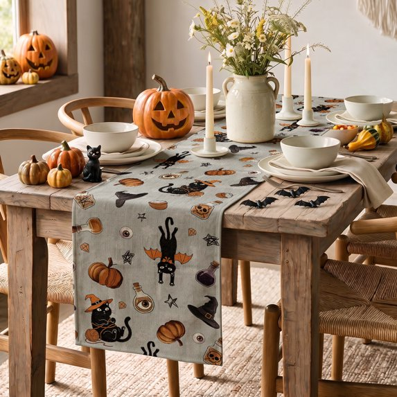 Black Cat Yarn Ball Witch Hat Potion Pumpkin Halloween Table Runner, Seasonal Fall Kitchen Dining Table Decoration for Home Party Decor