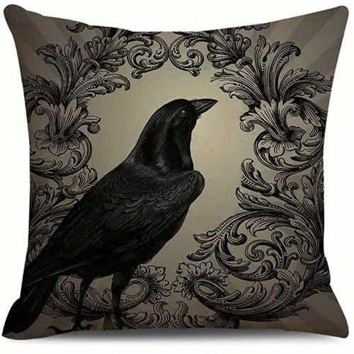 Gothic Raven Skull Pillow Cover, Dark Halloween Throw Cushion Case, Spooky Blood Splatter Design, Gothic Home Decor for Sofa, Bedroom & Car