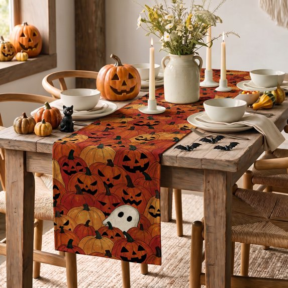 Caramel Pumpkin & Ghost Halloween Table Runner, Halloween Fall Party Kitchen Dining Indoor Outdoor Decorations