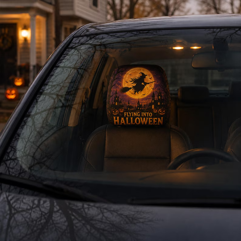 Classic Spooky Halloween Headrest Cover (1pc), Witch Pumpkin Ghost Skeleton Car Decor