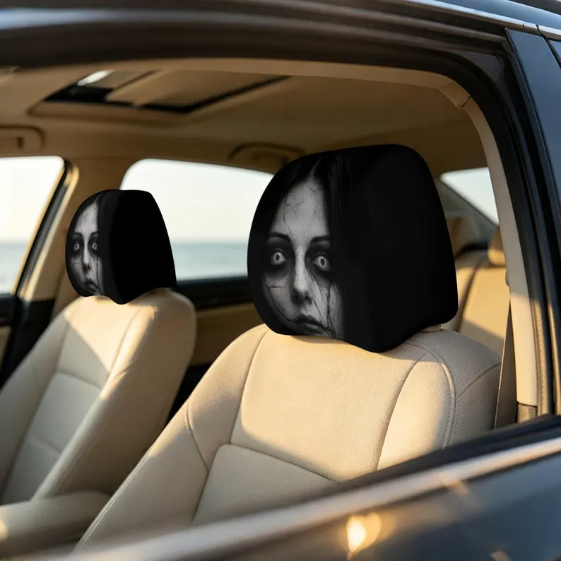Creepy Possessed Girl Car Headrest Cover (1pc), Scary Ghost Face Auto Seat Decor, Halloween Car Interior Accessory, Gothic Car Gift