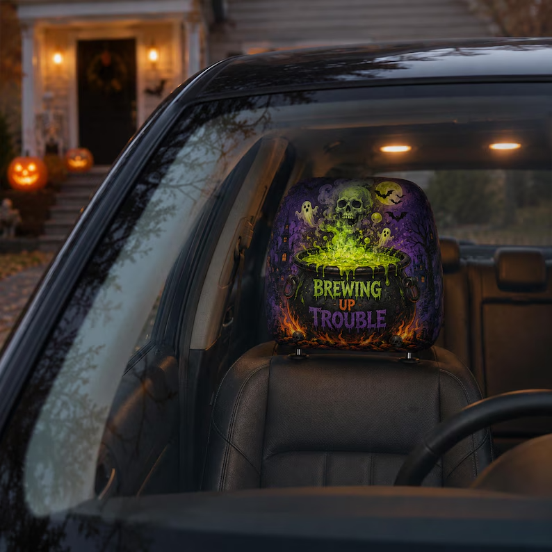 Classic Spooky Halloween Headrest Cover (1pc), Witch Pumpkin Ghost Skeleton Car Decor